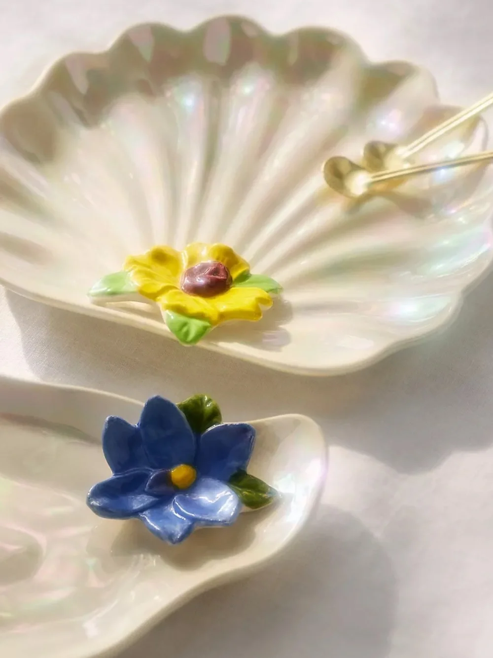 Anthropologie Sirena Stoneware Oyster Shell Yellow Floral Plate or Trinket Tray